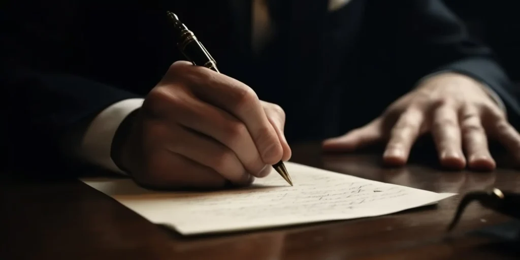 Osoba w stroju biznesowym pisze piórem wiecznym na kartce papieru, siedząc przy drewnianym biurku, a drugą rękę trzyma obok siebie. Na kartce widnieje odręczny tekst dotyczący usuwania nieuczciwych lokatorów.